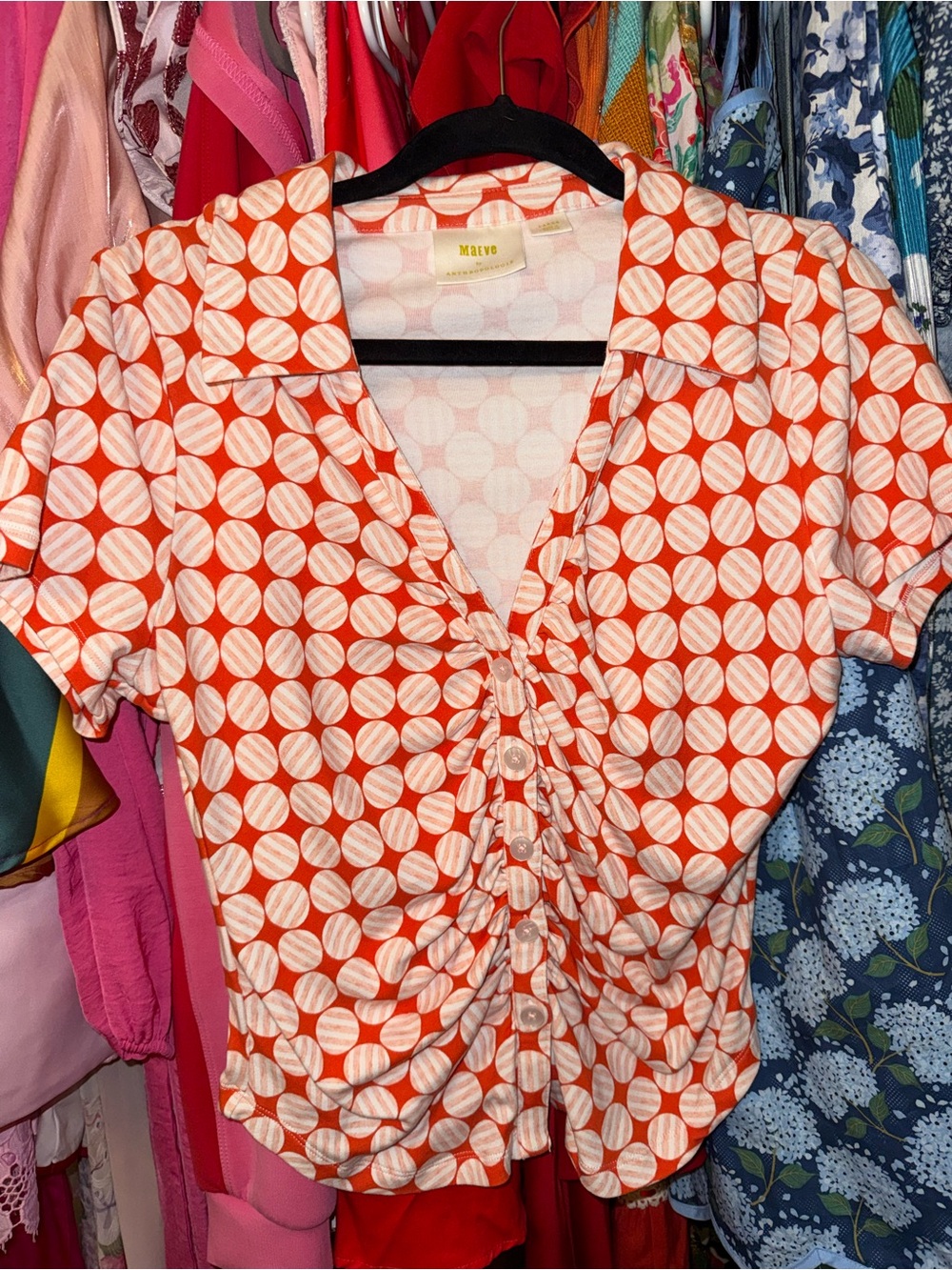 Anthropologie Orange & White Dot-Ruched Button Down Top